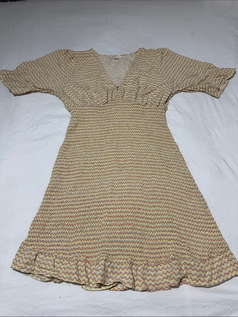 O'Neill Yellow Chevron V-Neck Smocked Mini Dress